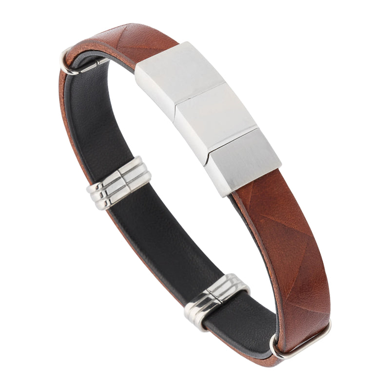 Embossed Chevron Leather and Stainless Steel Bracelet