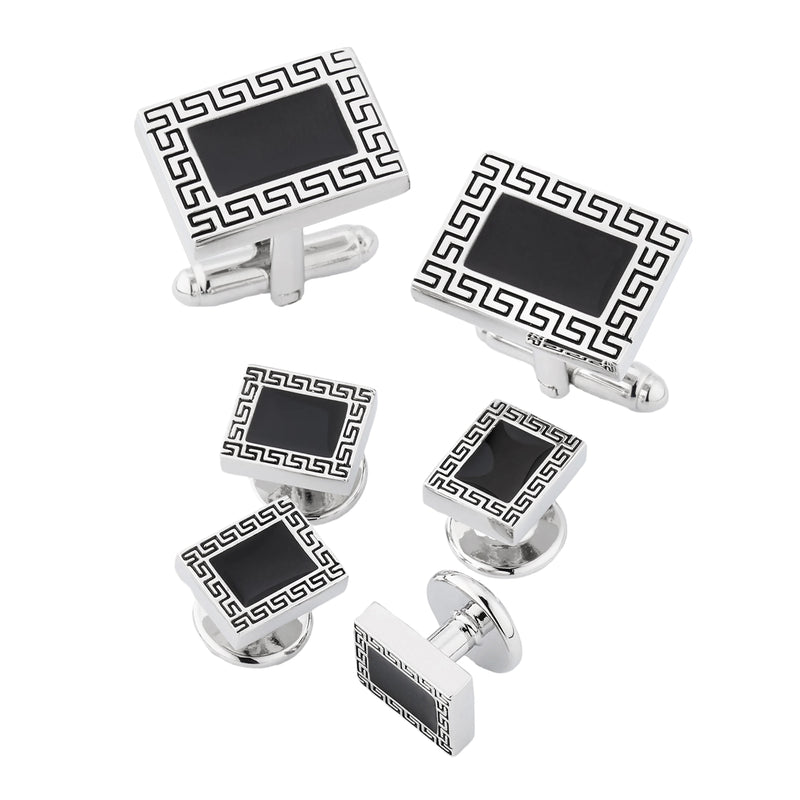 Greek Key Stud & Cufflinks Set with Black Enamel