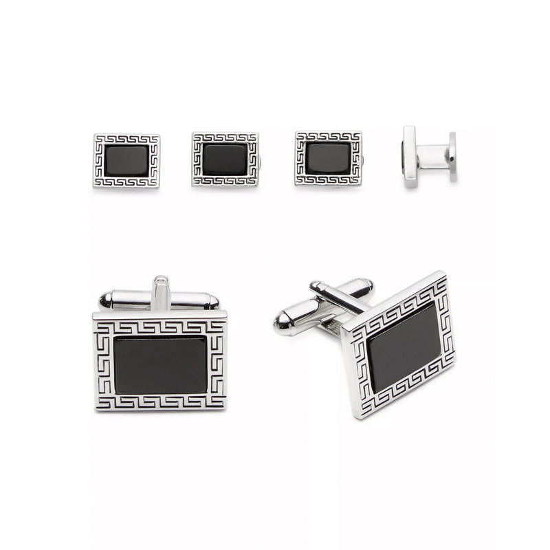 Greek Key Stud & Cufflinks Set with Black Enamel